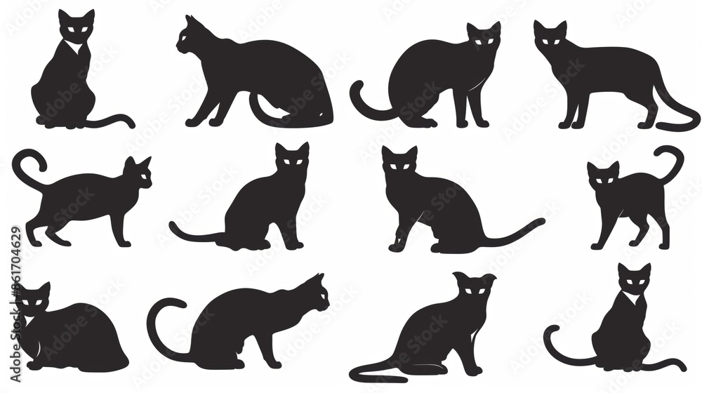 Vector Silhouettes of cats in various poses in black color on a white background Vector Silhouettes of cats in various poses in black color on a white background