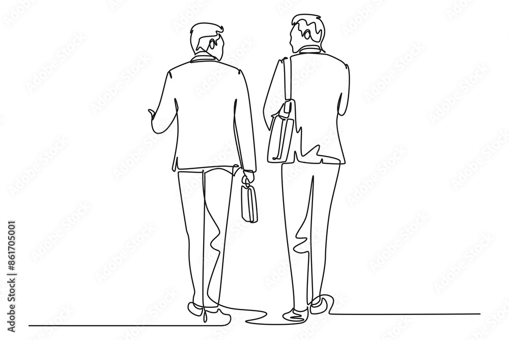 Continuous one line drawing back view two young male managers walking in hurry while discussing and try not be late for work. Urban commuter worker. Single line draw design vector graphic illustration Continuous one line drawing back view two young male managers walking in hurry while discussing and try not be late for work. Urban commuter worker. Single line draw design vector graphic illustration