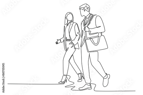 Single continuous line drawing of young couple male and female employees discussing new strategy plan to write annual report. Urban commuter workers. One line draw graphic design vector illustration