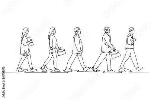 Single continuous line drawing group male and female urban commuters walking pass over on city street go to the office. Urban commuter workers. Dynamic one line draw graphic design vector illustration