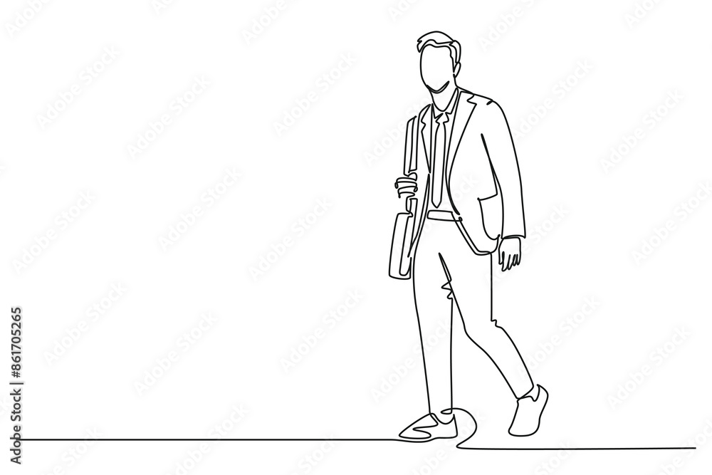 Single one line drawing young male worker walking hurry on city street to go to the office while holding document. Urban commuter worker. Modern continuous line draw design graphic vector illustration Single one line drawing young male worker walking hurry on city street to go to the office while holding document. Urban commuter worker. Modern continuous line draw design graphic vector illustration