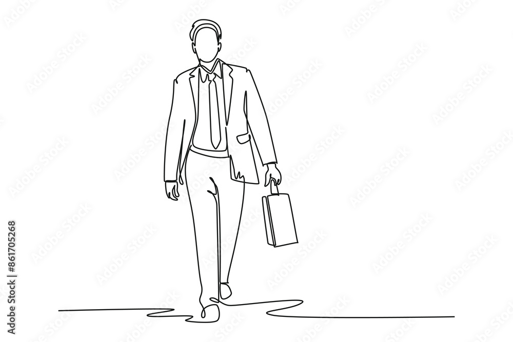 Single one line drawing young male manager walking on town street to go to office while holding suitcase. Urban commuter worker concept. Modern continuous line draw design graphic vector illustration Single one line drawing young male manager walking on town street to go to office while holding suitcase. Urban commuter worker concept. Modern continuous line draw design graphic vector illustration