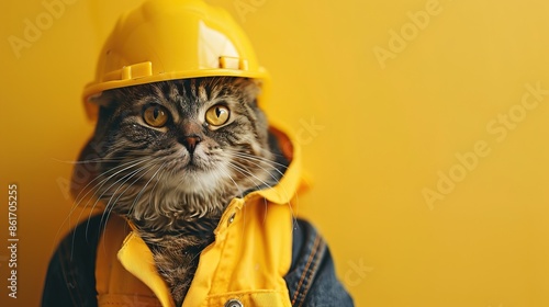 banner funny cat dressed as builder in yellow helmet on yellow background, workman engineering or repairing, service, copyspace