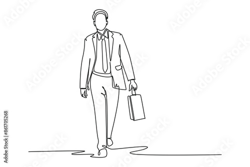 Single one line drawing young male manager walking on town street to go to office while holding suitcase. Urban commuter worker concept. Modern continuous line draw design graphic vector illustration