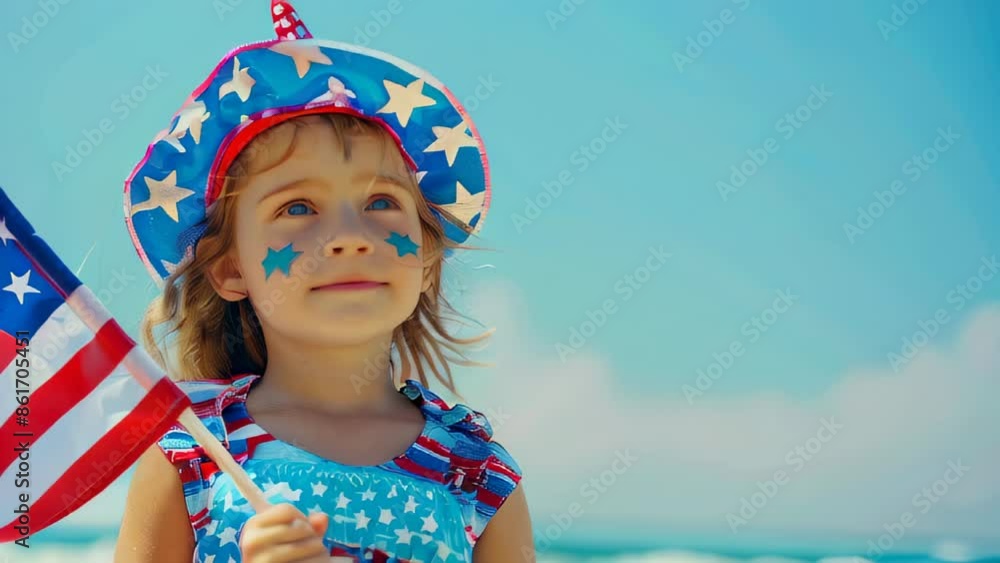 Caucasian girl holding American flag by beach on sunny day; wearing star-themed hat Caucasian girl holding American flag by beach on sunny day; wearing star-themed hat