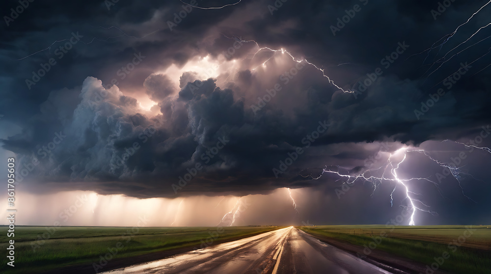 A Super Giant Supercell storm clouds with lightning and intense winds over road in plain rural area, dark lightnings
A Super Giant Supercell storm clouds with lightning and intense winds over road in plain rural area, dark lightnings