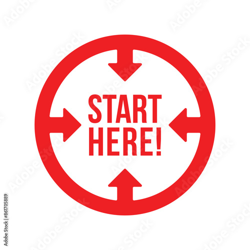Red vector banner start here template design. Circle with four arrows for icon, logo, label, insigna, seal, tag, sign, seal, symbol, badge, stamp, sticker, emblem etc.