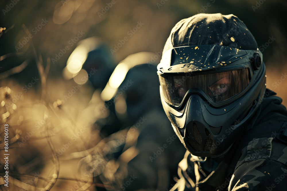 Man in paintball gear with paint splatters on mask, looking directly at camera with blurred teammates in background Man in paintball gear with paint splatters on mask, looking directly at camera with blurred teammates in background