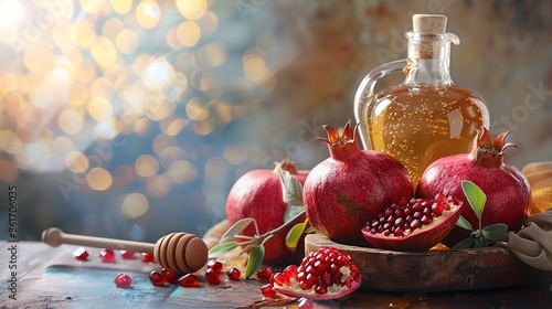 Amazing Rosh hashanah, jewish New Year holiday concept, Pomegranate, apples and honey traditional