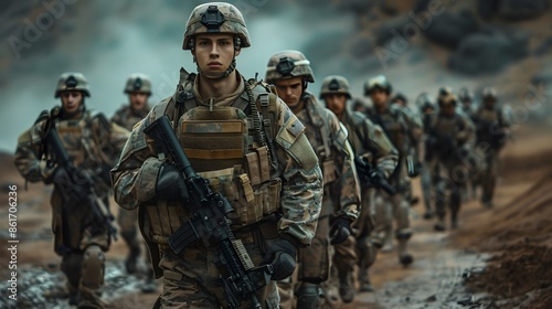 A platoon of grim soldiers returns to their base after a battle