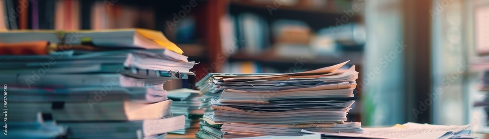 Piles of paperwork on a desk reflecting workload Piles of paperwork on a desk reflecting workload