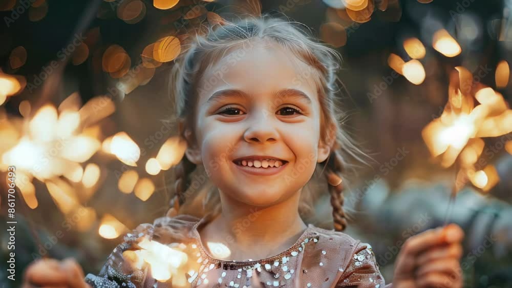 Young girl with sparklers, smiling in evening light, bokeh background Young girl with sparklers, smiling in evening light, bokeh background