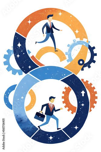 Two businessmen navigate a circular path of gears, representing the cycle of business growth and progress photo