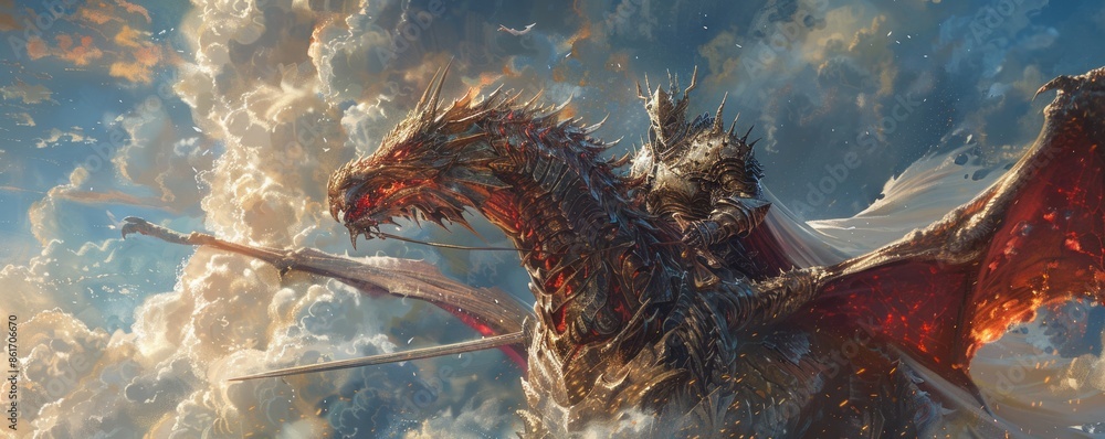 A knight in shining armor riding on a noble steed, ready to battle a dragon. A knight in shining armor riding on a noble steed, ready to battle a dragon.
