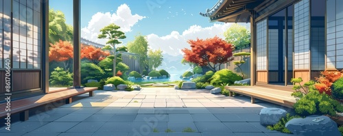 A stylized illustration of a traditional Japanese teahouse with tatami mats, shoji screens, and a serene garden. photo