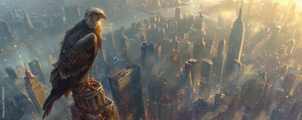 Obraz premium A majestic eagle perched atop a skyscraper, surveying the bustling city below, its regal presence contrasting with the urban landscape.