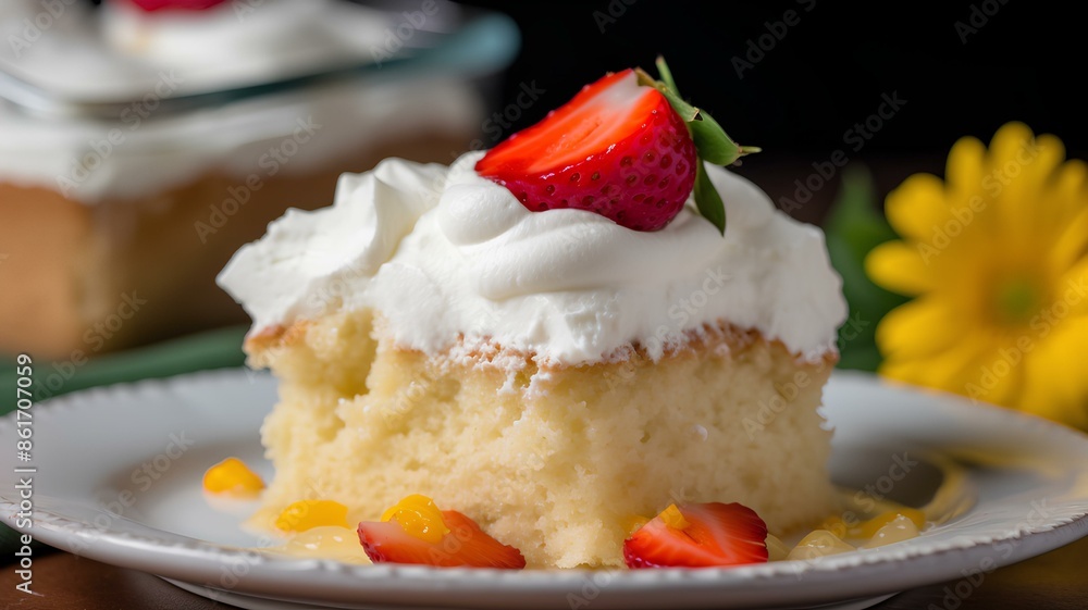 A slice of moist and creamy Mexican tres leches cake topped with whipped cream and a fresh strawberry. A slice of moist and creamy Mexican tres leches cake topped with whipped cream and a fresh strawberry.