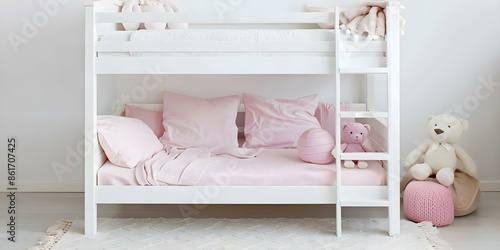 Girls bedroom with white bunk bed pink bedding toys soft carpet. Concept Girls Bedroom Decor, Bunk Bed Design, Pink Bedding, Toy Organization, Soft Carpet Flooring