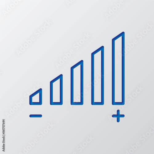 Audio volume simple icon vector. Flat design. Paper cut design. Cutted blue symbol with shadow. Gray background
