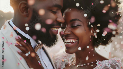Young black couple getting married. Wedding celebrationg with confetti. Smiling couple at a party. Woman in a dress, man wearing a suit. AI Generated. photo