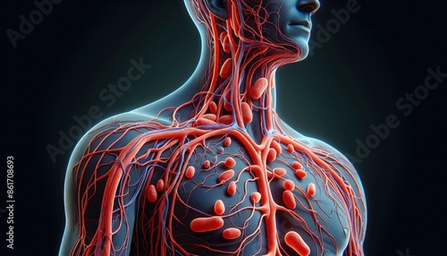  Anatomical illustration of a male torso showing ribs, lungs, and circulatory system with detailed vascular network photo