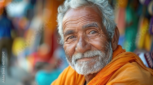 Portrait of a smiling elderly man with a colorful background in india
