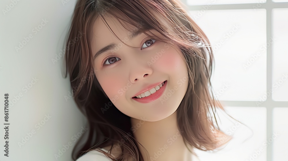 Portrait of a young woman model with a gentle smile, natural makeup, and soft lighting. Portrait of a young woman model with a gentle smile, natural makeup, and soft lighting.