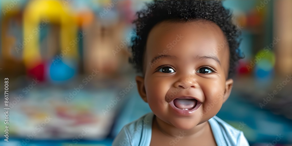 Fototapeta premium Cheerful African American baby on daycare banner background. Concept Children's Day Celebration, Daycare Photography, African American Baby, Cheerful Banner Background