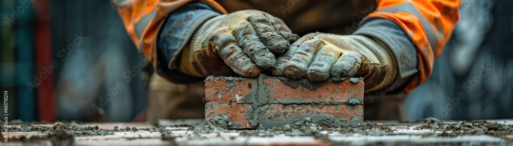 Worker with gloves placing a brick at a construction site, showcasing skilled masonry work and attention to detail in a close-up shot. Worker with gloves placing a brick at a construction site, showcasing skilled masonry work and attention to detail in a close-up shot.
