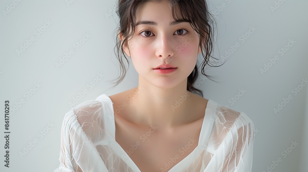 Close-up portrait of a young woman model with soft lighting and a delicate expression, holding a sprig of flowers in a minimalist setting. Close-up portrait of a young woman model with soft lighting and a delicate expression, holding a sprig of flowers in a minimalist setting.
