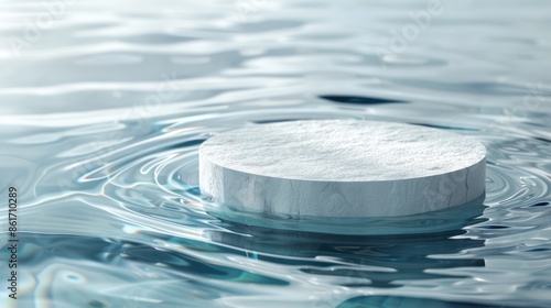 A close-up shot of a white disc floating on calm water, creating soothing ripples and reflections, capturing the essence of tranquility.