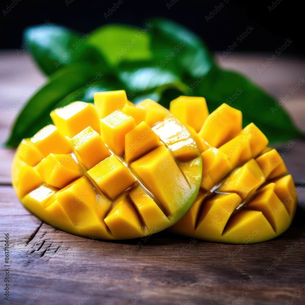 Fresh Juicy Diced Mango with Green Leaves on Rustic Wooden Background