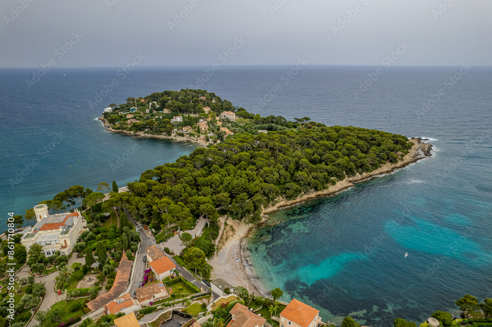 Naklejka premium Aerial summer view of Saint-Jean-Cap-Ferrat, French Riviera (Côte d'Azur), France