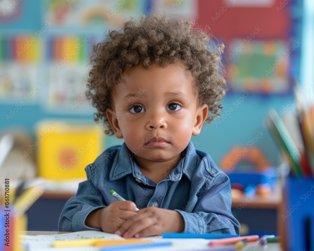 A young boy sitting at a table with crayons and pencils. AI. A young boy sitting at a table with crayons and pencils. AI.