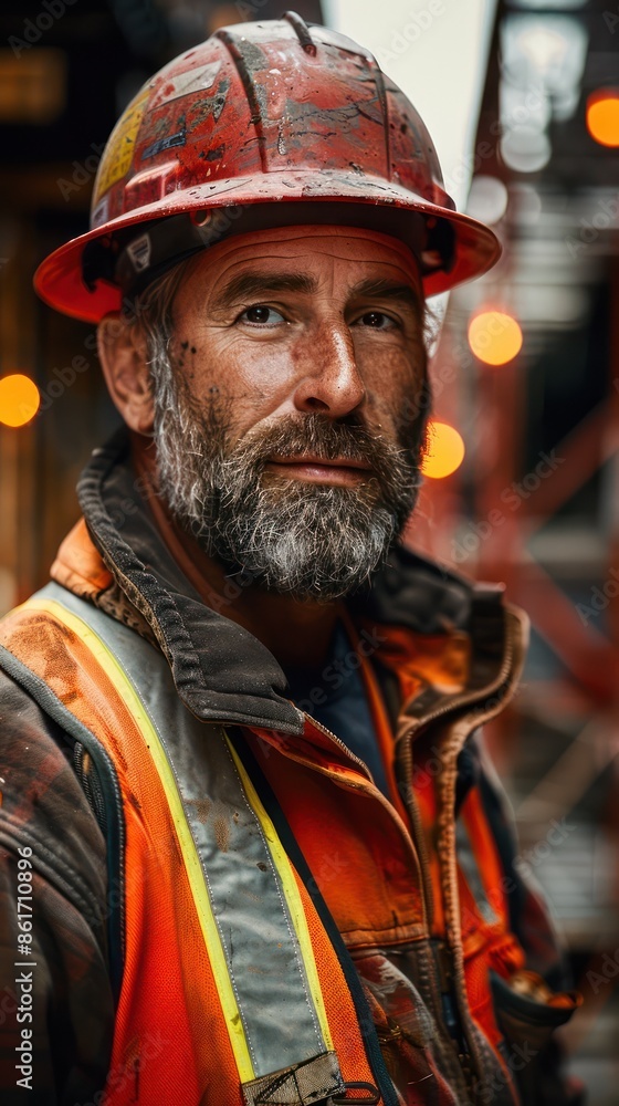 Fototapeta premium Construction worker wearing safety gear and helmet on site. Rugged and experienced look with lights in the background.