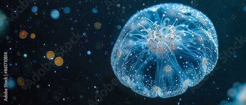 A jellyfish floating in the water with bubbles around it. AI. photo