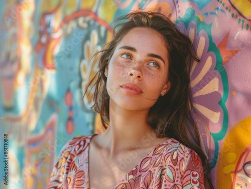 A woman with freckles leaning against a colorful wall. AI.