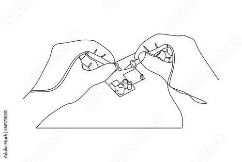 Single one line drawing of an electrician is checking the activation of the electrical system. Home repair, maintenance and plumbing services. Handyman concept. Continuous line draw design vector illu