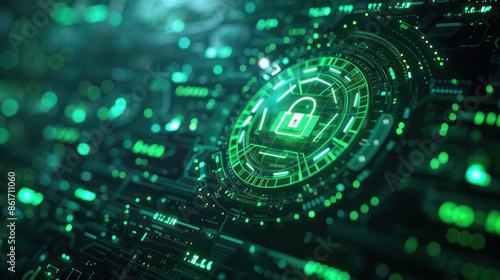 Futuristic green cybersecurity interface with digital lock symbol, representing advanced technology and data protection.