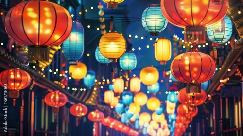 vibrant hanging lanterns illuminate festive chinatown street at night colorful cultural digital illustration photo
