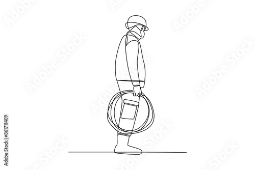 Single one line drawing of an electrical worker is replacing a damaged cable. Home repair, maintenance and plumbing services. Handyman concept. Continuous line draw design vector illustration