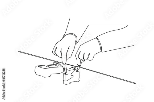 Single one line drawing of a technician checks the electric current in a piece of equipment. Home repair, maintenance and plumbing services. Handyman concept. Continuous line draw design vector illust