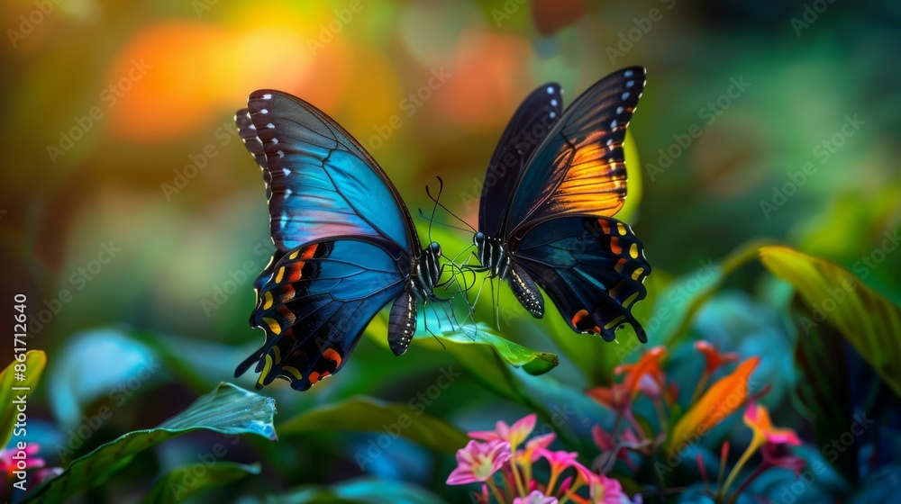 Two butterflies are sitting on a plant with colorful leaves. AI. Two butterflies are sitting on a plant with colorful leaves. AI.