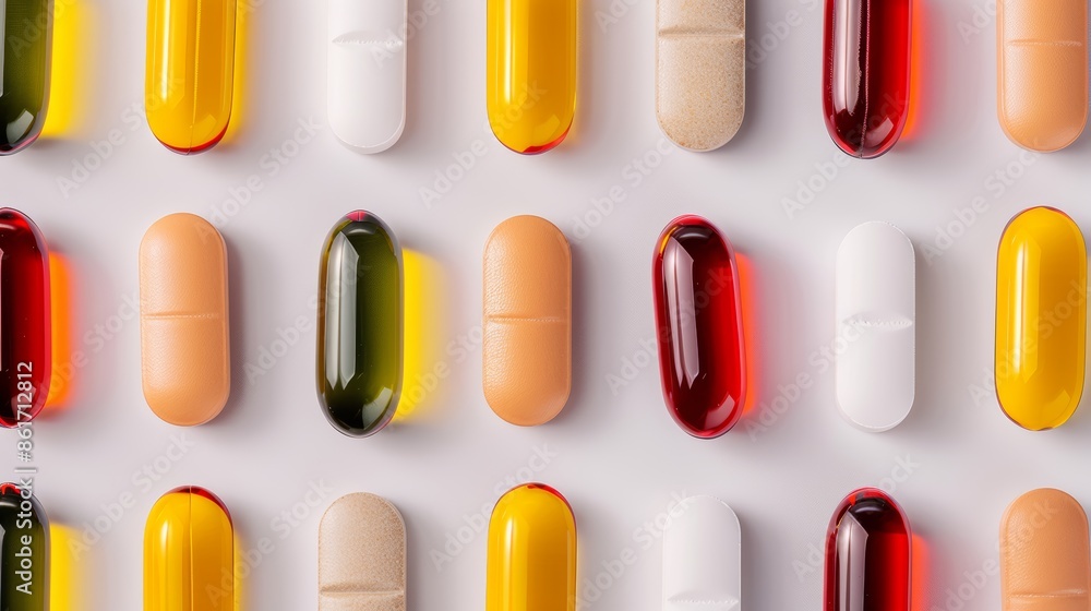 Assorted vitamins and supplement capsules casting distinct shadows, arranged aesthetically, illustrating daily health essentials in a modern style Assorted vitamins and supplement capsules casting distinct shadows, arranged aesthetically, illustrating daily health essentials in a modern style
