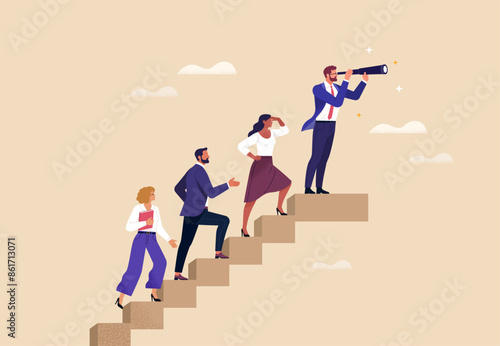 Business Leadership Concept. Vector illustration in flat style of a group of diverse people in business  outfits walking up the steps following a leader looking ahead. Isolated on background