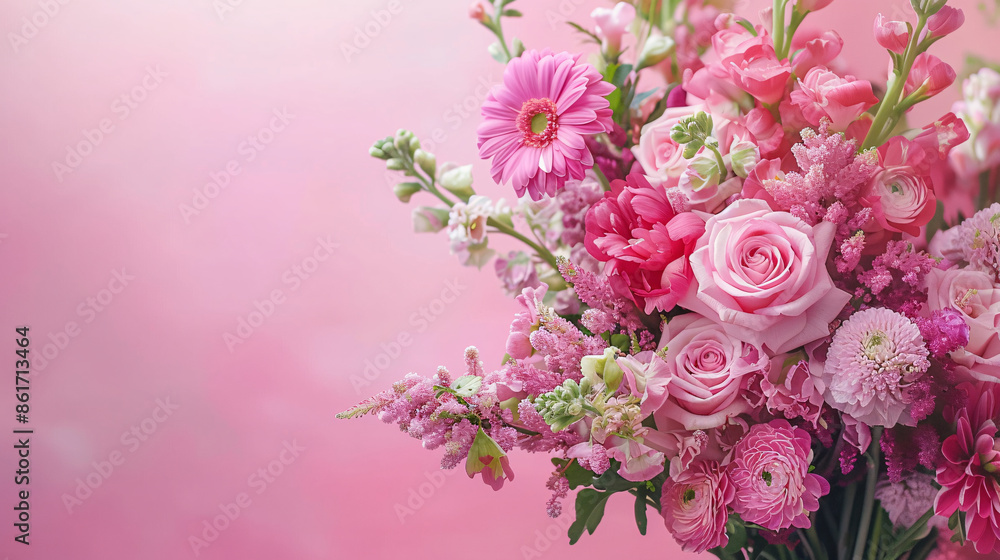 Bouquet of flowers on pink background