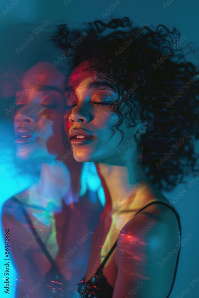 A woman with curly hair poses for the camera with blue and red lights reflecting off her skin A woman with curly hair poses for the camera with blue and red lights reflecting off her skin