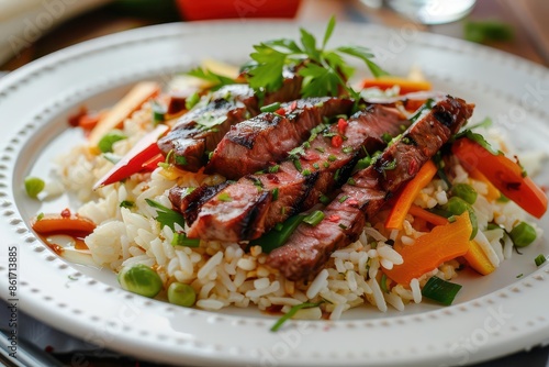 gourmet asian fusion dish artfully plated rice with colorful vegetables and perfectly seared meat strips