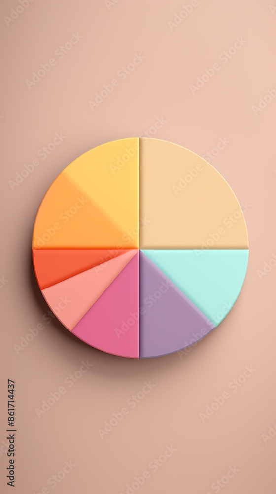 Colorful 3D pie chart with six segments on a light pink surface. High quality for presentations, business analytics, and data visualization. Colorful 3D pie chart with six segments on a light pink surface. High quality for presentations, business analytics, and data visualization.