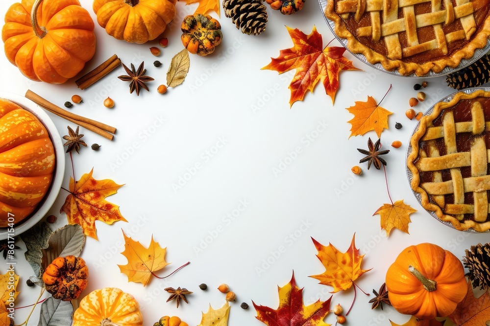 Fototapeta premium Autumn composition with pumpkins, leaves and pie on white background